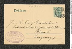 Nachlass Franz Steindachner, Postkarte von G.E. Stechert an Franz Steindachner (12.05.1908), Inv.Nr. 505.02, Seite 1